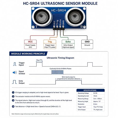 2-Pack HC-SR04P Ultrasonic Distance Sensor Module with 3V to 5.5V Wide Voltage, 2cm–450cm Range, 4-Pin Interface Compatible with Arduino and Raspberry Pi in Kuwait