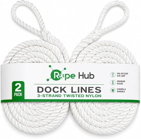 خطوط رصيف من النايلون الملتوية من RopeHub، عبوتان من خطوط رصيف القوارب البيضاء مع حلقة عين مقاس 12 بوصة مقسمة مسبقًا، حبل رباط بحري من النايلون ثلاثي الخيوط للقوارب والطوافات والزلاقات والمراسي والمرابط والرسو اليومي in Kuwait