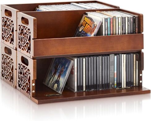 2-Set Wooden CD Holder, Stackable CD Storage Rack with Handles, Magnetic Front-Opening Design,Compact Media Organizer for Home Office & Living Room, Each Set Holds up to 36 Cases in Saudi Arabia
