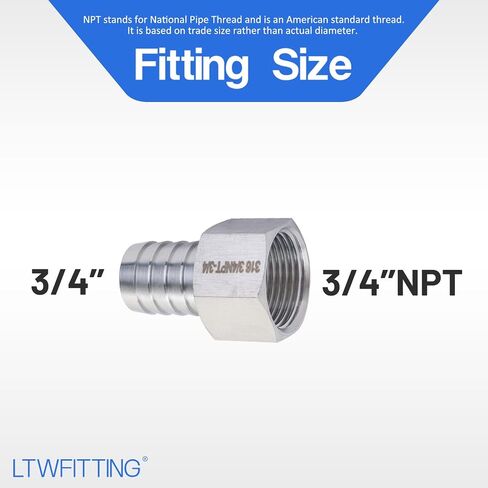 LTWFITTING Bar إنتاج الفولاذ المقاوم للصدأ 316 Barb Fitting Coupler 3/4 "Hose ID x 3/4" Female NPT Air Fuel Water (حزمة من 2) in Kuwait