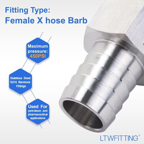 LTWFITTING Bar إنتاج الفولاذ المقاوم للصدأ 316 Barb Fitting Coupler 3/4 "Hose ID x 3/4" Female NPT Air Fuel Water (حزمة من 2) in Kuwait