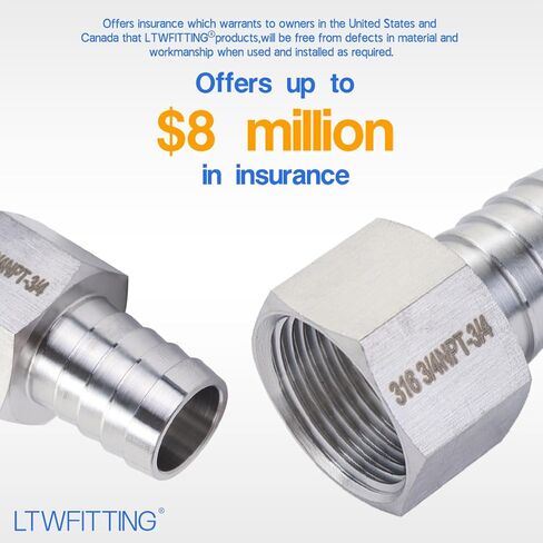 LTWFITTING Bar إنتاج الفولاذ المقاوم للصدأ 316 Barb Fitting Coupler 3/4 "Hose ID x 3/4" Female NPT Air Fuel Water (حزمة من 2) in Kuwait