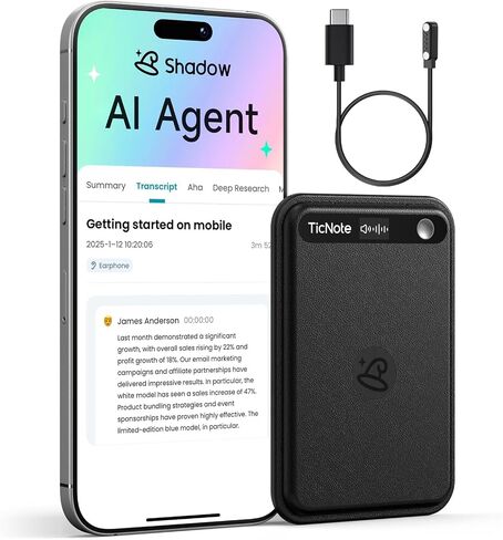 مسجل صوت Mobvoi TicNote AI مع النسخ والملخص بالذكاء الاصطناعي، جهاز تدوين الملاحظات بالذكاء الاصطناعي للتحكم في التطبيقات، يدعم أكثر من 120 لغة للمحاضرات والاجتماعات والمكالمات، وتسجيل ثنائي الوضع، 64 جيجابايت، إصدار جديد 2026 in Kuwait