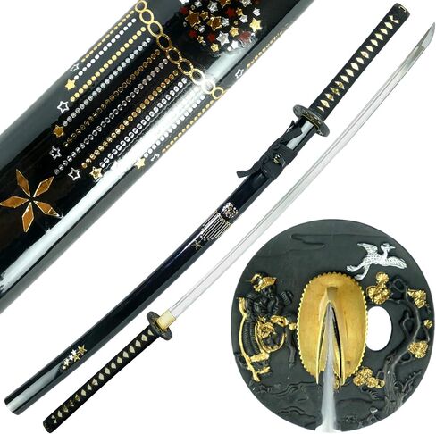MAKOTO Handmade Sharp Katana Samurai Sword 40" Full Size Black High Carbon Steel Full Tang Blade - Star Scabbard in Kuwait