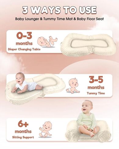 Baobrava Baby Lounger, Portable Tummy Time Mat and Infant Floor Seat,White | Double-Sided Velvet and Dotted Fleece, Breathable Soft, Removable Washable Cover, Easy To Fold and Carry, Baby Essential Gift in Saudi Arabia