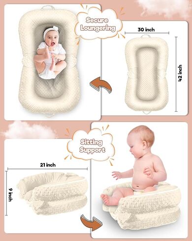 Baobrava Baby Lounger, Portable Tummy Time Mat and Infant Floor Seat,White | Double-Sided Velvet and Dotted Fleece, Breathable Soft, Removable Washable Cover, Easy To Fold and Carry, Baby Essential Gift in Saudi Arabia