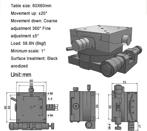Manual Linear Stage, Optical Positioning Sliding Table with Scale Ruler, 60x60mm Precise Goniometer Stage, ±20° Tilt Angle Adjustment, Dovetail Platform, for Optical Equipment in Kuwait