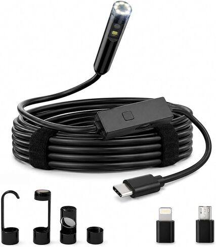 كاميرا المنظار مع كاميرا فحص بوريسكوب عالية الدقة 1920 بكسل لأجهزة Android وiPhone، كابل ثعبان شبه صلب مع 8 مصابيح LED، مقاوم للماء لفحص أنابيب الصرف الصحي للسيارات (عدسة واحدة 5 متر/16.4 قدم) in Kuwait