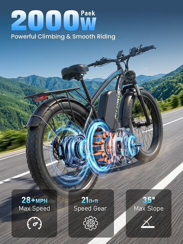 Electric Bike for Adults 2000W Peak 24" Fat Tire All-Terrain E-Bike, 37MPH 70+ Miles Long Range Ebike, 52V 19.2 AH Battery Tested to UL 2849 Electric Bicycle for Mountain Commuter Offroad in Kuwait