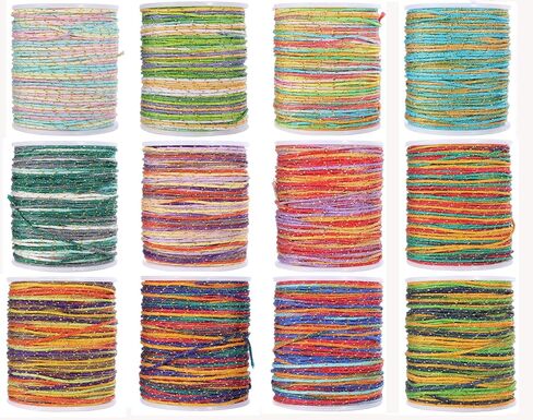 KONMAY 0.8mm Metallic Nylon Cord for Jewellery Making, 260 Yards 12 Mixed Rainbow Colors Nylon String for Friendship Bracelets,Chinese Knot,Macrame and Crafting in Saudi Arabia