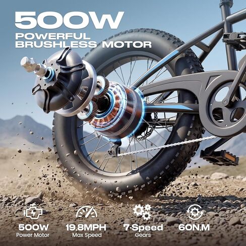 Wooken Electric Bike for Adults, 20"x4.0" Fat Tire Electric Bike, 500W Motor Ebike, 48V 499WH Removable Battery, Up to 45 Miles Electric Bicycle, SGS Certified to UL 2849 in Kuwait