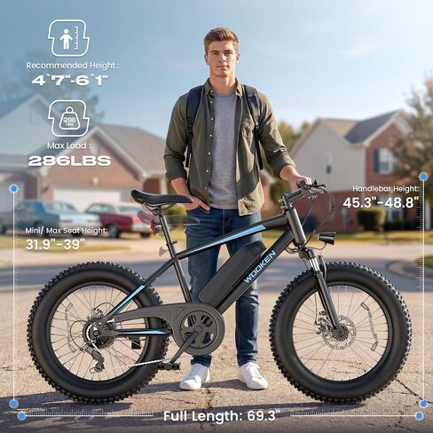 Wooken Electric Bike for Adults, 20"x4.0" Fat Tire Electric Bike, 500W Motor Ebike, 48V 499WH Removable Battery, Up to 45 Miles Electric Bicycle, SGS Certified to UL 2849 in Kuwait
