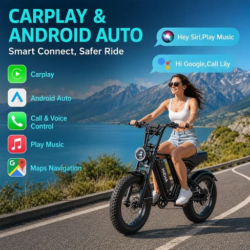 دراجة كهربائية للبالغين، محرك ذروة 1500 وات، نطاق 70 ميلاً مع Apple CarPlay وAndroid Auto، 20 بوصة × 4.0 بوصة، دراجة ترابية كهربائية كاملة التعليق بـ 7 سرعات in Kuwait