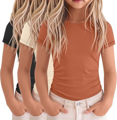 LessonZoo 3 Pack Girls Short Sleeve T Shirts Crewneck Slim Fit Tees Ruched Side Summer Basic Tops for Kids 5-14 Years in Kuwait