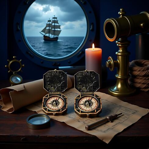 2Pcs Nautical Compass Pirate Captain Costume Halloween Party Cosplay Decoration Deft Design, Costumes, Decortions，Pirate Compass, Bronze Compasses in Kuwait