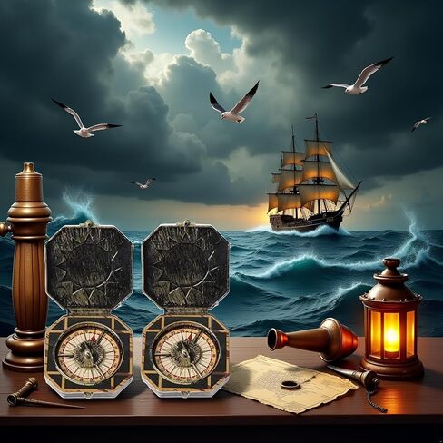 2Pcs Nautical Compass Pirate Captain Costume Halloween Party Cosplay Decoration Deft Design, Costumes, Decortions，Pirate Compass, Bronze Compasses in Kuwait