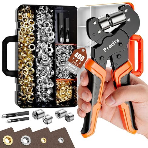 2-Size Grommet Tool Kit with Quick-Change Jaws - 1/4" 3/8" Hole Punch & Eyelet Setter, 400Pcs Gold/Silver Grommets, Ratchet Pliers, No Screwdriver for Jaw Swap, Punch Awl for Fabric Tarpaulin Canvas in Kuwait