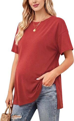 Liu & Qu Womens Maternity Shirts Short Sleeve Split Side Casual Pregnancy Clothes Crewneck Loose Maternity Tops in Saudi Arabia