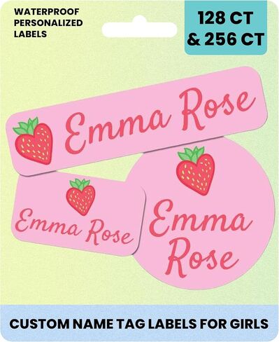 School Supplies Personalized Name Labels, Washable Custom Name Tag Stickers for Girls, Premium Waterproof Sticker for Summer Camps, Clothing, Lunch Boxes, & More - 128 Ct & 256 Ct (Strawberry Design) in Saudi Arabia