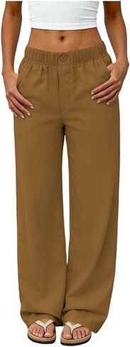 Ctreela Women Straight Leg Pant Casual Button Elastic Waisted Slacks Dressy Palazzo Pants for Work Business Trousers in Kuwait
