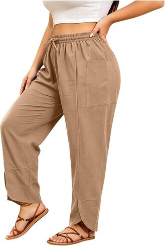 Women's Plus Size Pants Lightweight Straight Leg Side Split Hem Trousers with Pockets Drawstring Rise Pant in Kuwait