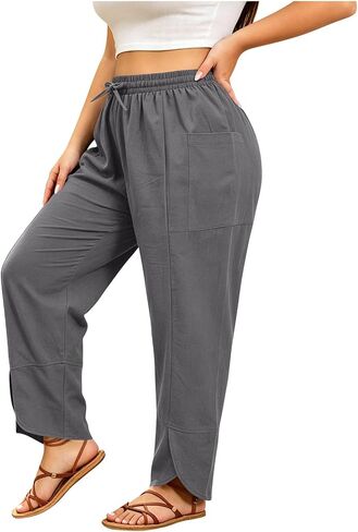 Women's Plus Size Pants Lightweight Straight Leg Side Split Hem Trousers with Pockets Drawstring Rise Pant in Saudi Arabia