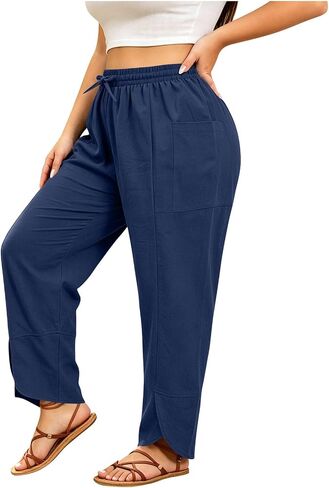 Women's Plus Size Pants Lightweight Straight Leg Side Split Hem Trousers with Pockets Drawstring Rise Pant in Saudi Arabia