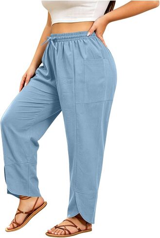 Women's Plus Size Pants Lightweight Straight Leg Side Split Hem Trousers with Pockets Drawstring Rise Pant in Saudi Arabia