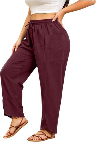 Women's Plus Size Pants Lightweight Straight Leg Side Split Hem Trousers with Pockets Drawstring Rise Pant in Saudi Arabia