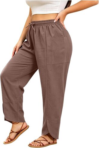 Women's Plus Size Pants Lightweight Straight Leg Side Split Hem Trousers with Pockets Drawstring Rise Pant in Saudi Arabia