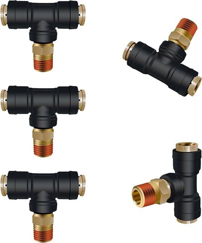 تركيبات خط الهواء Siptenk 3/8 بوصة DOT 5 قطع دفع لتوصيل تركيبات فرامل الهواء، 3/8 بوصة أنبوب OD × 1/4 بوصة تركيبات نحاسية NPT Tee Union PTC/PTCR، موصل الفرامل لمقطورات الشاحنات نظام الهواء الصناعي in Kuwait