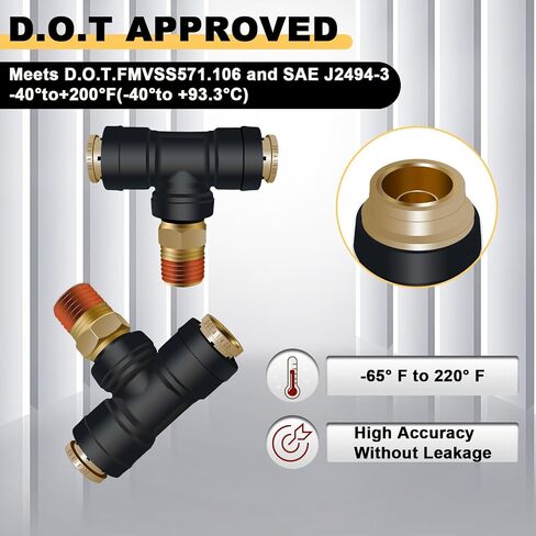 تركيبات خط الهواء Siptenk 3/8 بوصة DOT 5 قطع دفع لتوصيل تركيبات فرامل الهواء، 3/8 بوصة أنبوب OD × 1/4 بوصة تركيبات نحاسية NPT Tee Union PTC/PTCR، موصل الفرامل لمقطورات الشاحنات نظام الهواء الصناعي in Kuwait