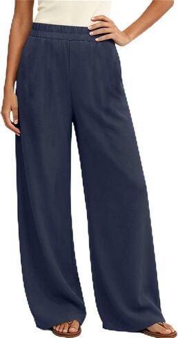 Ctreela Women Casual High Waist Trouser Linen Loose Pocket Solid Long Pants Flowy Elastic Waist Wide Leg Palazzo Pant in Kuwait
