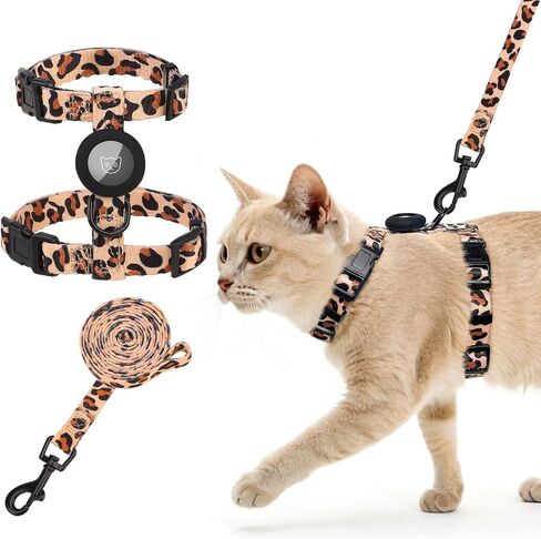 SCENEREAL Adjustable Cat Harness and Leash Set with AirTag Holder, Escape-Proof Design for Small to Large Cats, Lightweight Soft Travel Harness, Khaki Leopard in Saudi Arabia