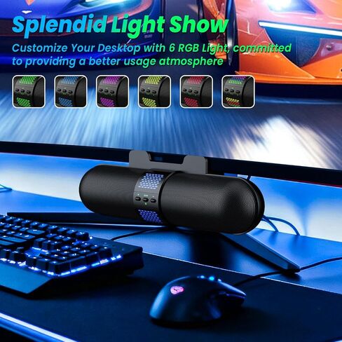 مكبر صوت كمبيوتر BESTISAN، بلوتوث 5.3/اتصال USB A/C سلكي، 6 أوضاع إضاءة RGB، شريط صوت للألعاب للكمبيوتر/الكمبيوتر المحمول/سطح المكتب، محول USB A/C، صوت عالٍ، مشابك سهلة للمراقبة، أدوات تحكم مريحة in Kuwait
