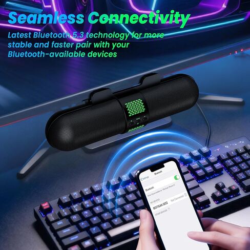 مكبر صوت كمبيوتر BESTISAN، بلوتوث 5.3/اتصال USB A/C سلكي، 6 أوضاع إضاءة RGB، شريط صوت للألعاب للكمبيوتر/الكمبيوتر المحمول/سطح المكتب، محول USB A/C، صوت عالٍ، مشابك سهلة للمراقبة، أدوات تحكم مريحة in Kuwait
