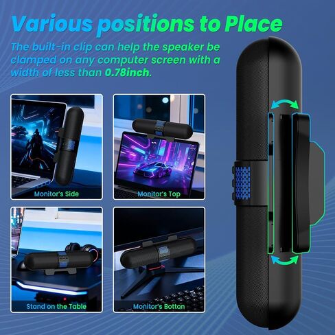 مكبر صوت كمبيوتر BESTISAN، بلوتوث 5.3/اتصال USB A/C سلكي، 6 أوضاع إضاءة RGB، شريط صوت للألعاب للكمبيوتر/الكمبيوتر المحمول/سطح المكتب، محول USB A/C، صوت عالٍ، مشابك سهلة للمراقبة، أدوات تحكم مريحة in Kuwait