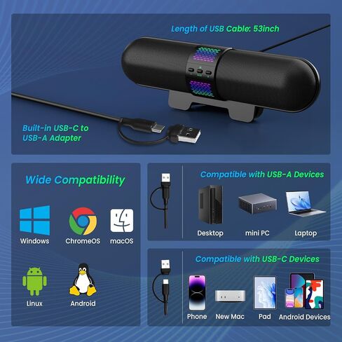 مكبر صوت كمبيوتر BESTISAN، بلوتوث 5.3/اتصال USB A/C سلكي، 6 أوضاع إضاءة RGB، شريط صوت للألعاب للكمبيوتر/الكمبيوتر المحمول/سطح المكتب، محول USB A/C، صوت عالٍ، مشابك سهلة للمراقبة، أدوات تحكم مريحة in Kuwait
