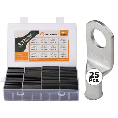 SELTERM 25pcs 8 AWG 5/16" Stud Tinned Copper Wire Lugs & Large Size Black 108 Pcs 3:1 Dual Wall Adhesive Line Heat Shrink Tubing Kit 1, 3/4, 1/2, 5/8 Inch Assortment Kit in Saudi Arabia