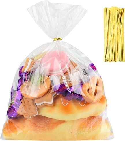 Meezy 100 PCS Cellophane Wrap Facs for Gift Calls 7 × 14 بوصة ، حقائب سلة واضحة مع روابط الذهب تويست للهدية التغليف التشيلو البلاستيكي لعيد الميلاد حفل زفاف حفل زفاف in Kuwait