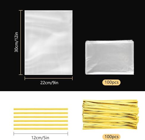 Meezy 100 PCS Cellophane Wrap Facs for Gift Calls 7 × 14 بوصة ، حقائب سلة واضحة مع روابط الذهب تويست للهدية التغليف التشيلو البلاستيكي لعيد الميلاد حفل زفاف حفل زفاف in Kuwait