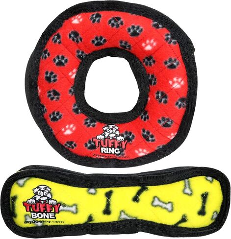 TUFFY - World's Tuffest Soft Dog Toy- Medium Red Ring & Yellow Bone- 2 Pack. Squeakers-Multiple Layers.Made Durable, Strong & Tough.Interactive Play(Tug, Toss & Fetch).Machine Washable & Floats in Saudi Arabia