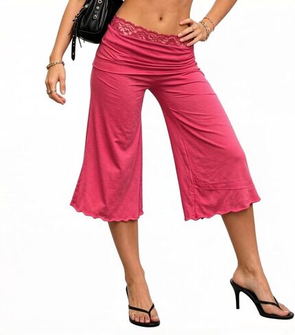 Womens Lace Elastic Waist Flared Ruffle Hem Flowy Gaucho Capri Wide Leg Fold Over Stretchy Low Rise Cropped Pants in Kuwait