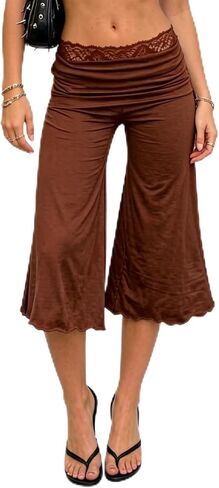 Womens Lace Elastic Waist Flared Ruffle Hem Flowy Gaucho Capri Wide Leg Fold Over Stretchy Low Rise Cropped Pants in Kuwait