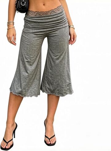 Womens Lace Elastic Waist Flared Ruffle Hem Flowy Gaucho Capri Wide Leg Fold Over Stretchy Low Rise Cropped Pants in Kuwait