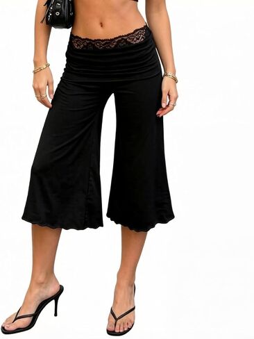 Womens Lace Elastic Waist Flared Ruffle Hem Flowy Gaucho Capri Wide Leg Fold Over Stretchy Low Rise Cropped Pants in Kuwait