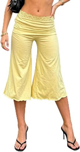 Womens Lace Elastic Waist Flared Ruffle Hem Flowy Gaucho Capri Wide Leg Fold Over Stretchy Low Rise Cropped Pants in Kuwait