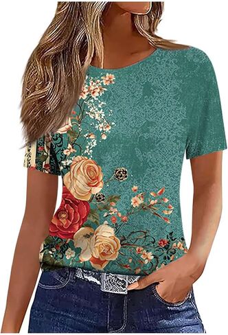 Summer Tops for Women 2026 Vintage Boho Floral Print Short Sleeve T Shirts Casual Crew Neck Tunic Blouses Cute Tees in Kuwait