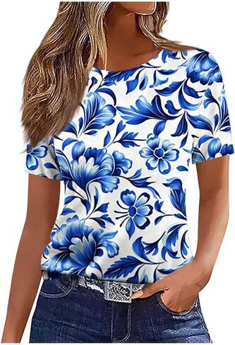 Summer Tops for Women 2026 Vintage Boho Floral Print Short Sleeve T Shirts Casual Crew Neck Tunic Blouses Cute Tees in Kuwait