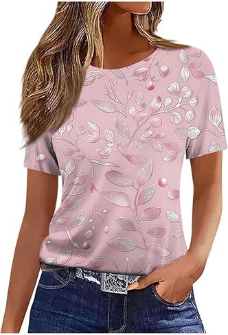 Summer Tops for Women 2026 Vintage Boho Floral Print Short Sleeve T Shirts Casual Crew Neck Tunic Blouses Cute Tees in Kuwait